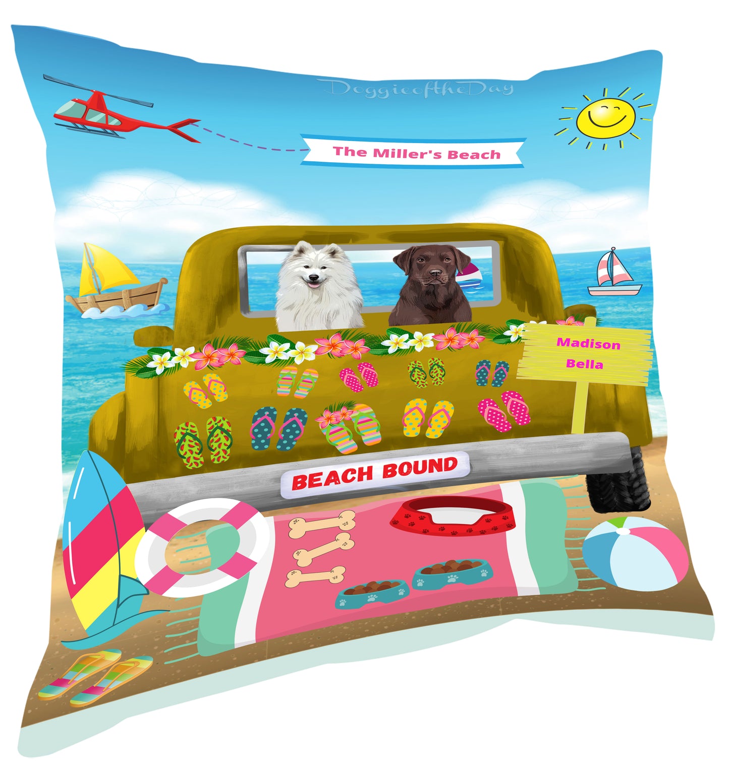 Personalized Beach Bound Dog Cat Pets Pillow 1-5 Pets