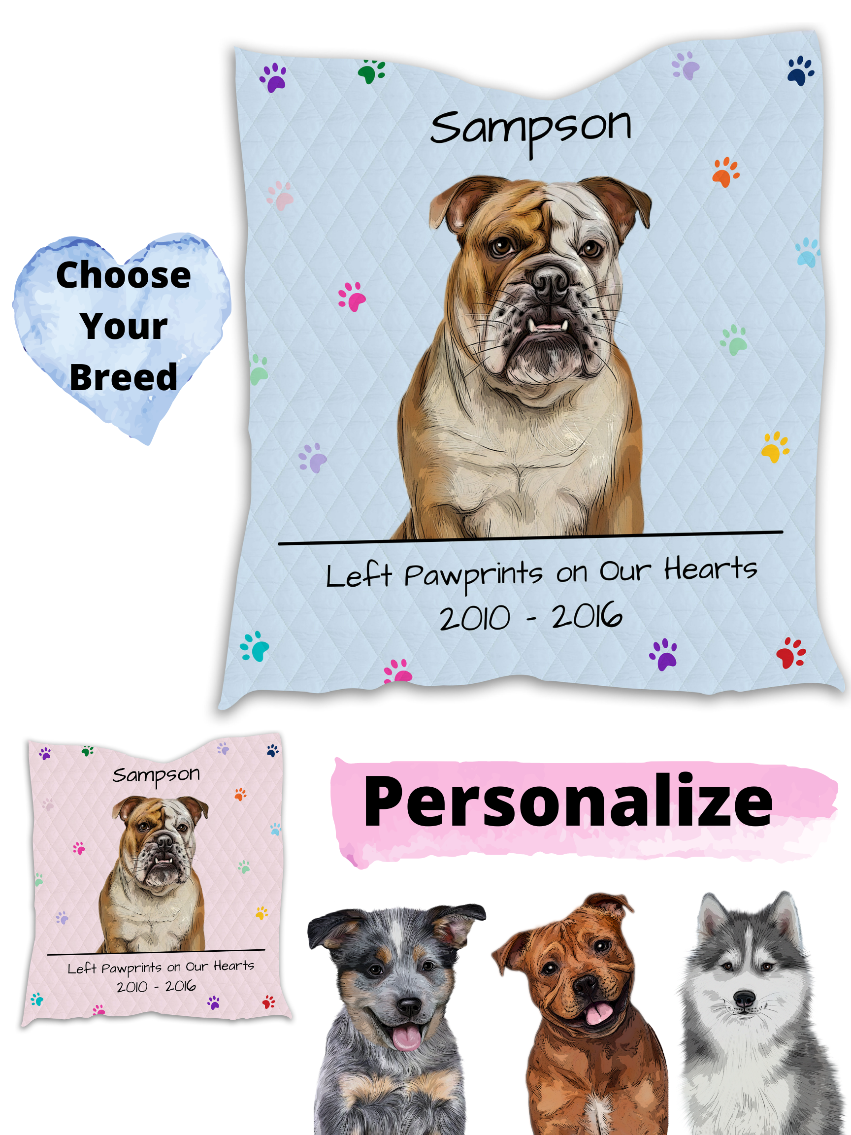 Personalized Dog Cat Pet Rainbow Pawprint Memorial Quilt