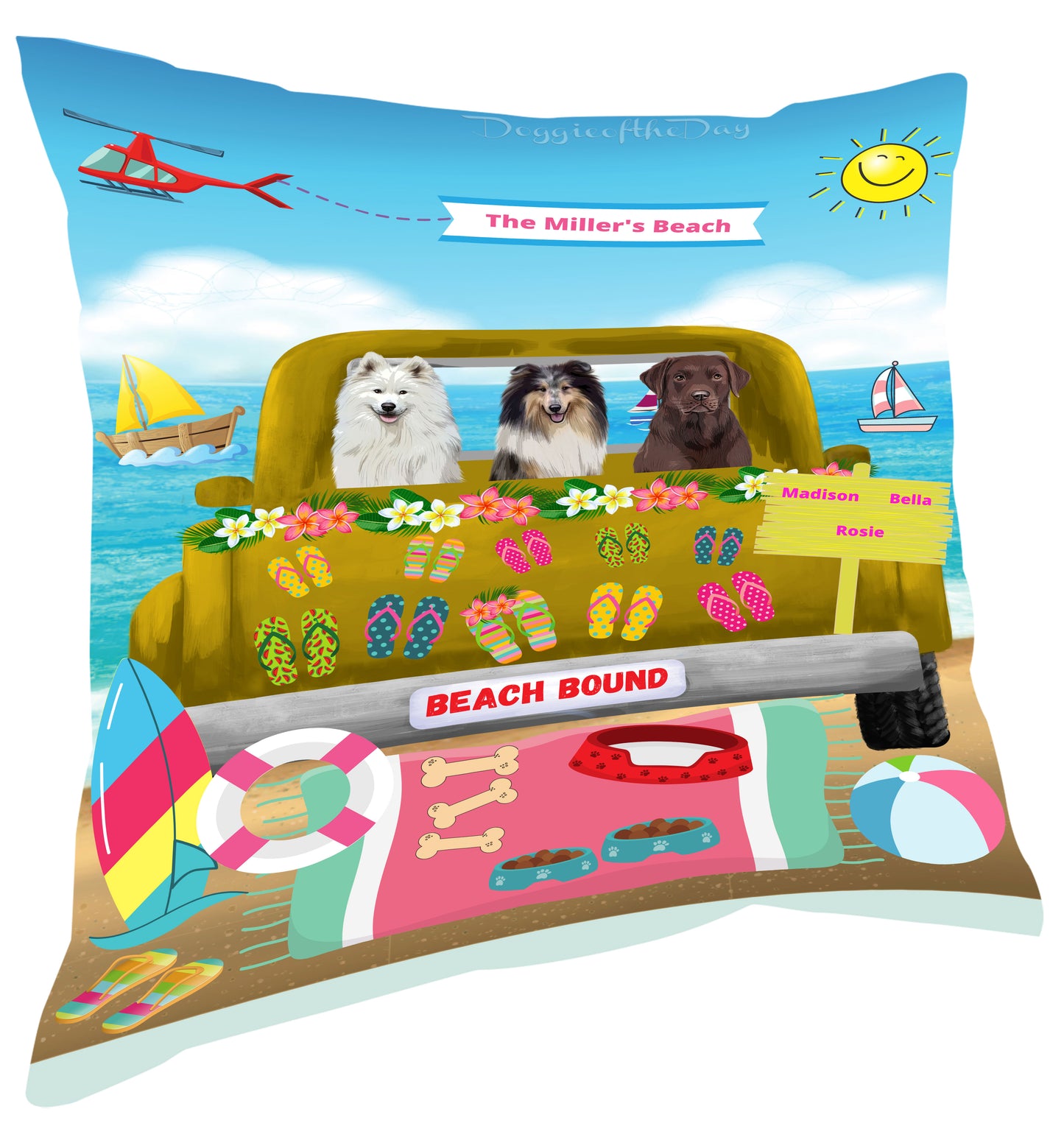 Personalized Beach Bound Dog Cat Pets Pillow 1-5 Pets