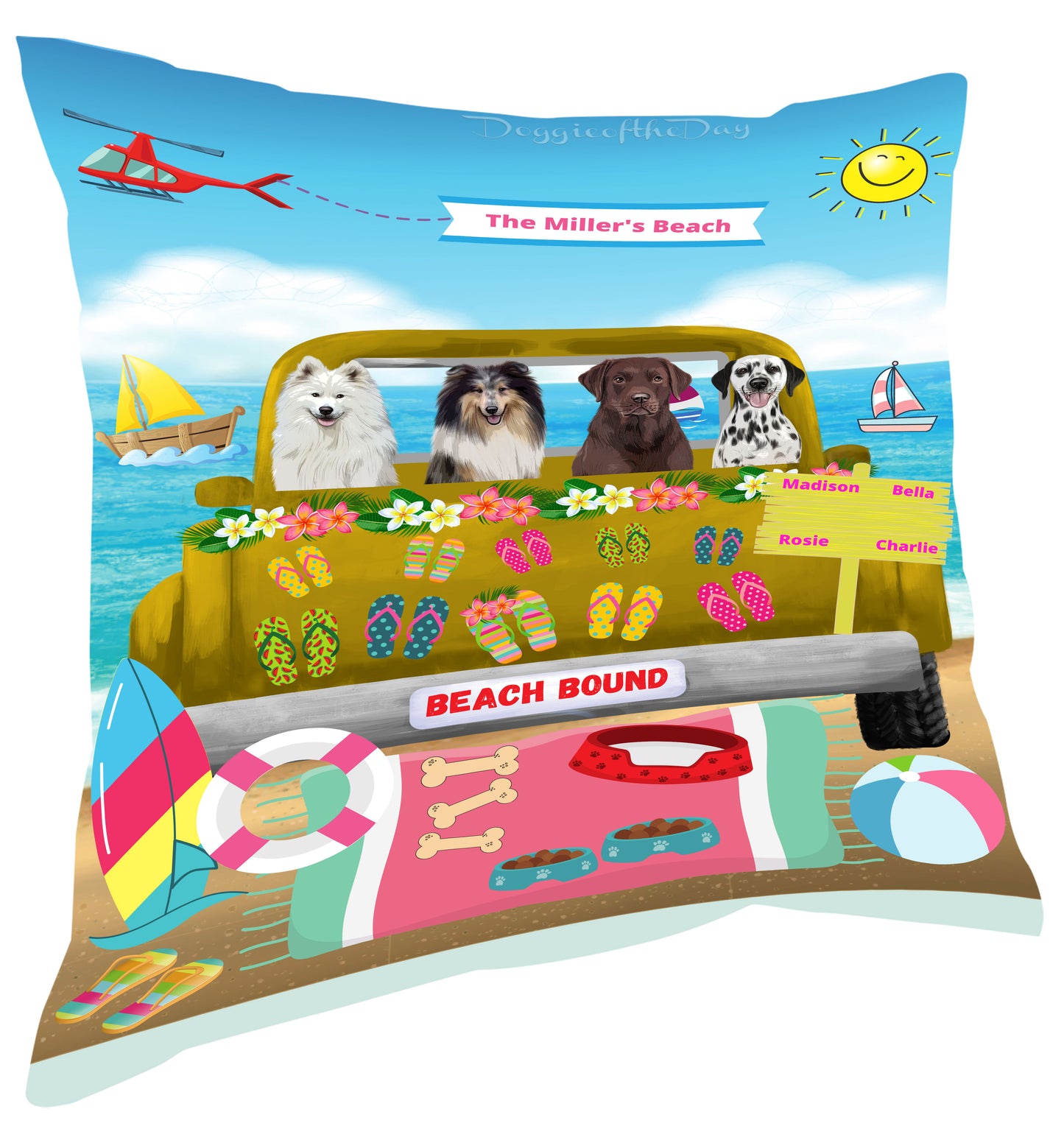 Personalized Beach Bound Dog Cat Pets Pillow 1-5 Pets