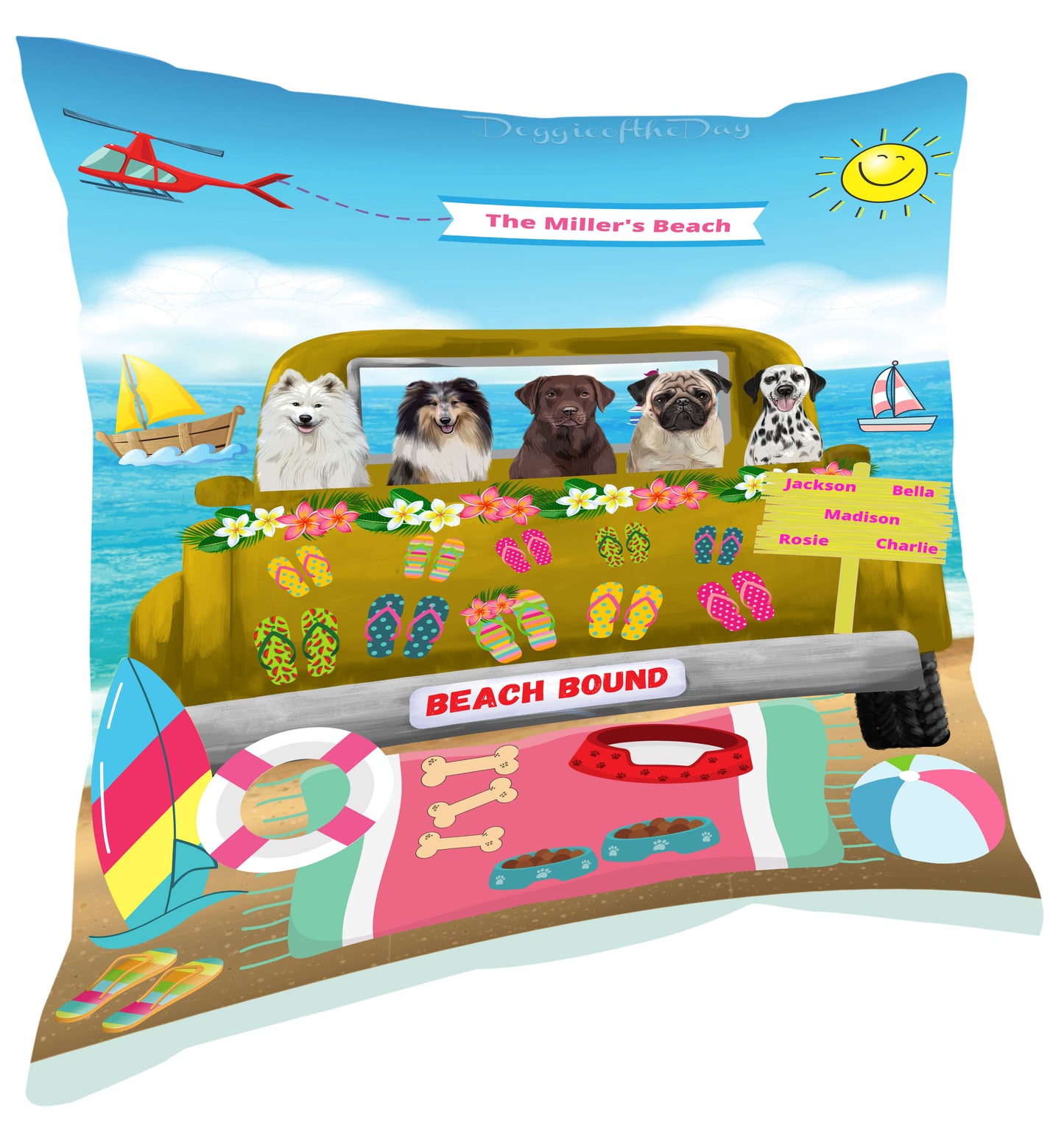 Personalized Beach Bound Dog Cat Pets Pillow 1-5 Pets