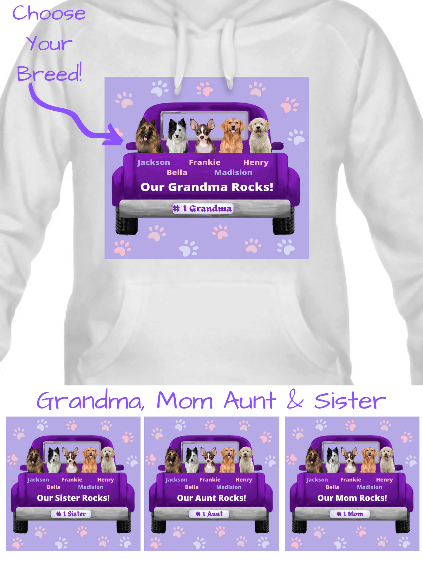 Personalized Purple Truck Dog Cat Pets Pullover Hoodies 1 to 5 Pets