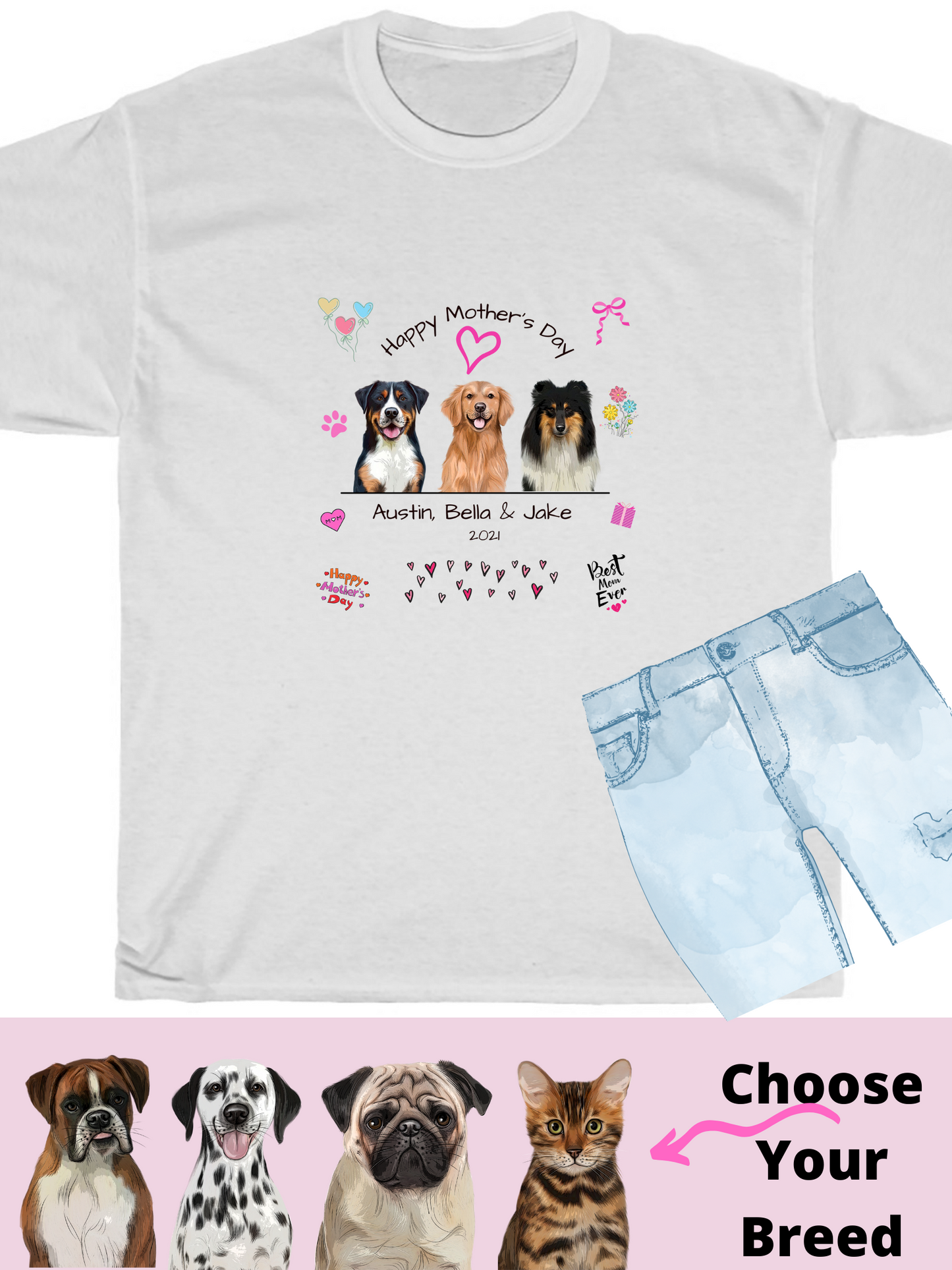 Personalized Happy Mother's Day Dog Cat Pets Cotton T-Shirt