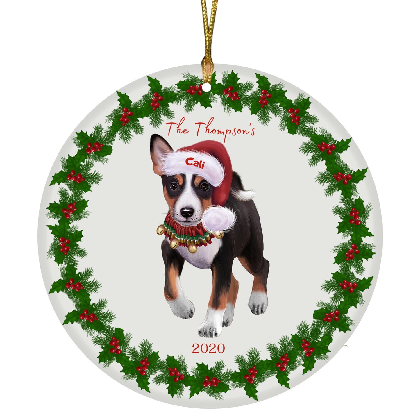 Personalized Holly Berry Trimming Basenji Dog Ceramic Round Flat Christmas Tree Ornament RFPOR48212