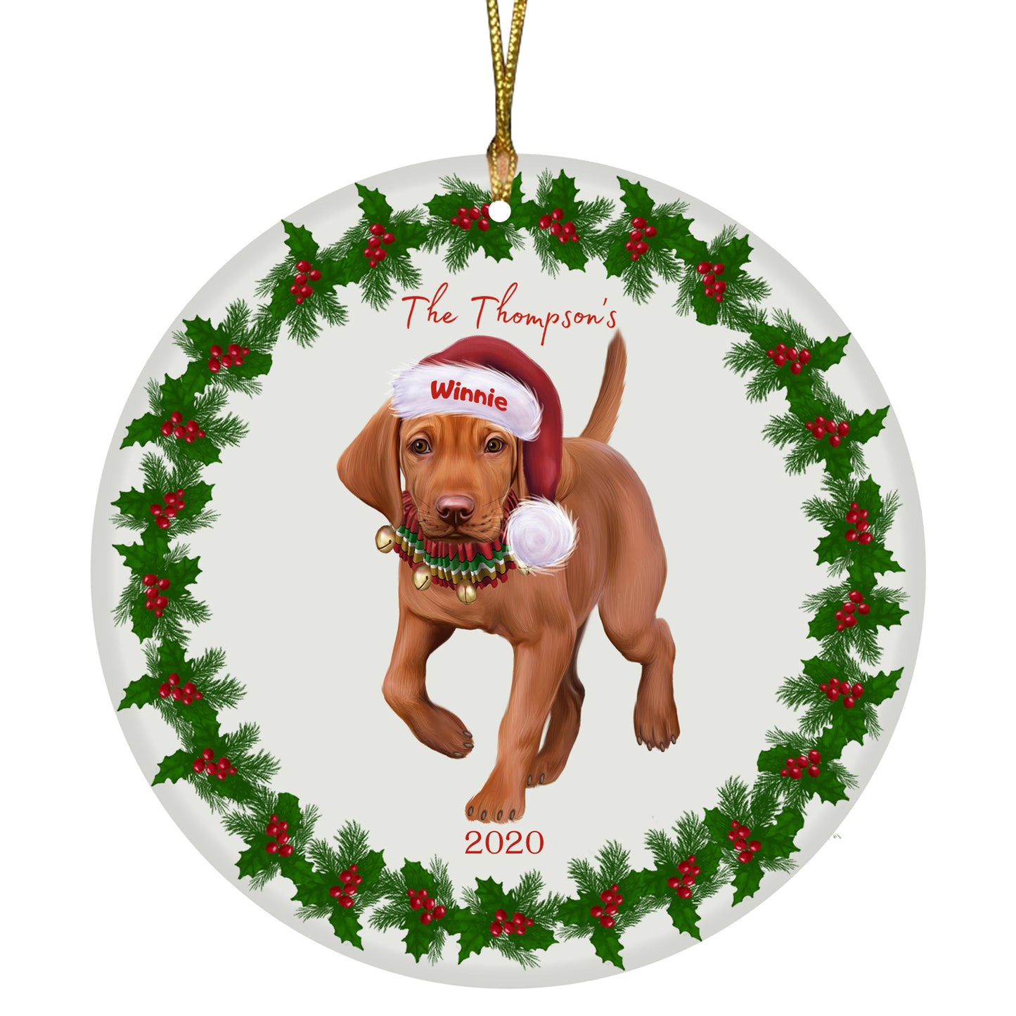 Personalized Holly Berry Trimming Vizsla Dog Ceramic Round Flat Christmas Tree Ornament RFPOR48379