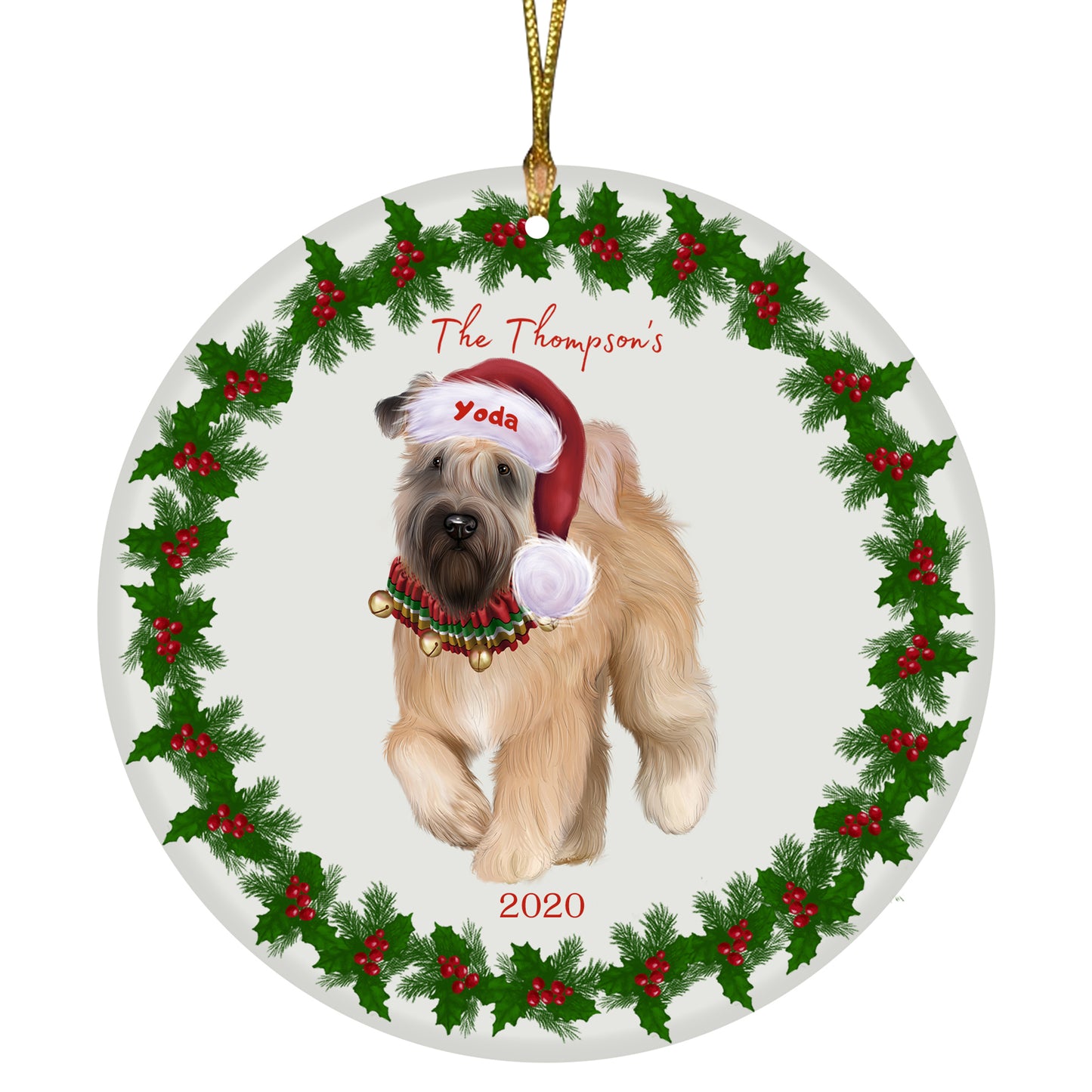 Personalized Holly Berry Trimming Wheaten Terrier Dog Ceramic Round Flat Christmas Tree Ornament RFPOR48382