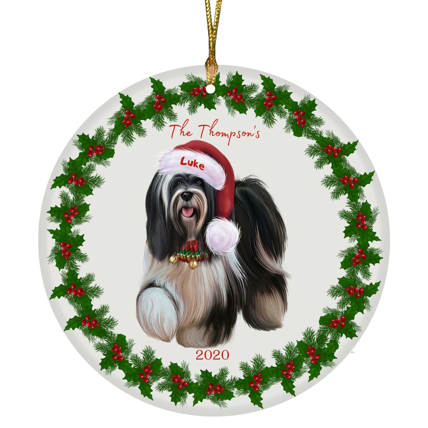 Personalized Holly Berry Trimming Tibetan Terrier Dog Ceramic Round Flat Christmas Tree Ornament RFPOR48375